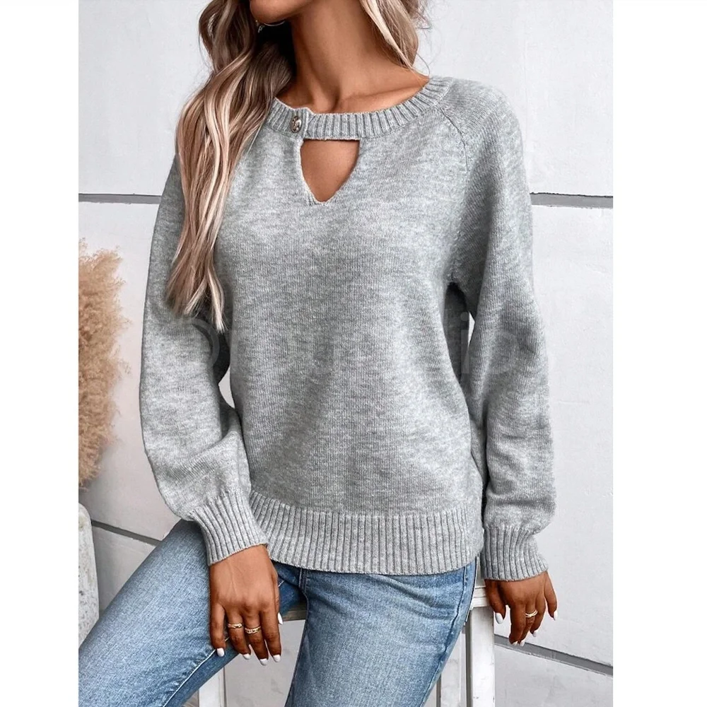 Grey Knit Pullover Sweater Neck Keyhole Button Detail Long Sleeve - Picture 2 of 6